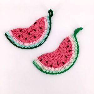 VTG Handmade Two Watermelon Knitted Pot Holders